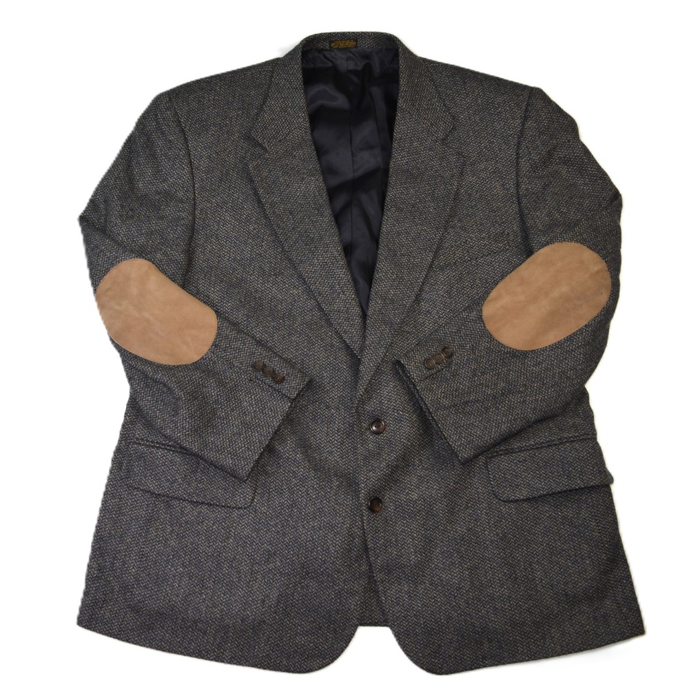 Executive Collection Vintage Herringbone Wool Blazer Grey Blue Elbow Patches 48R